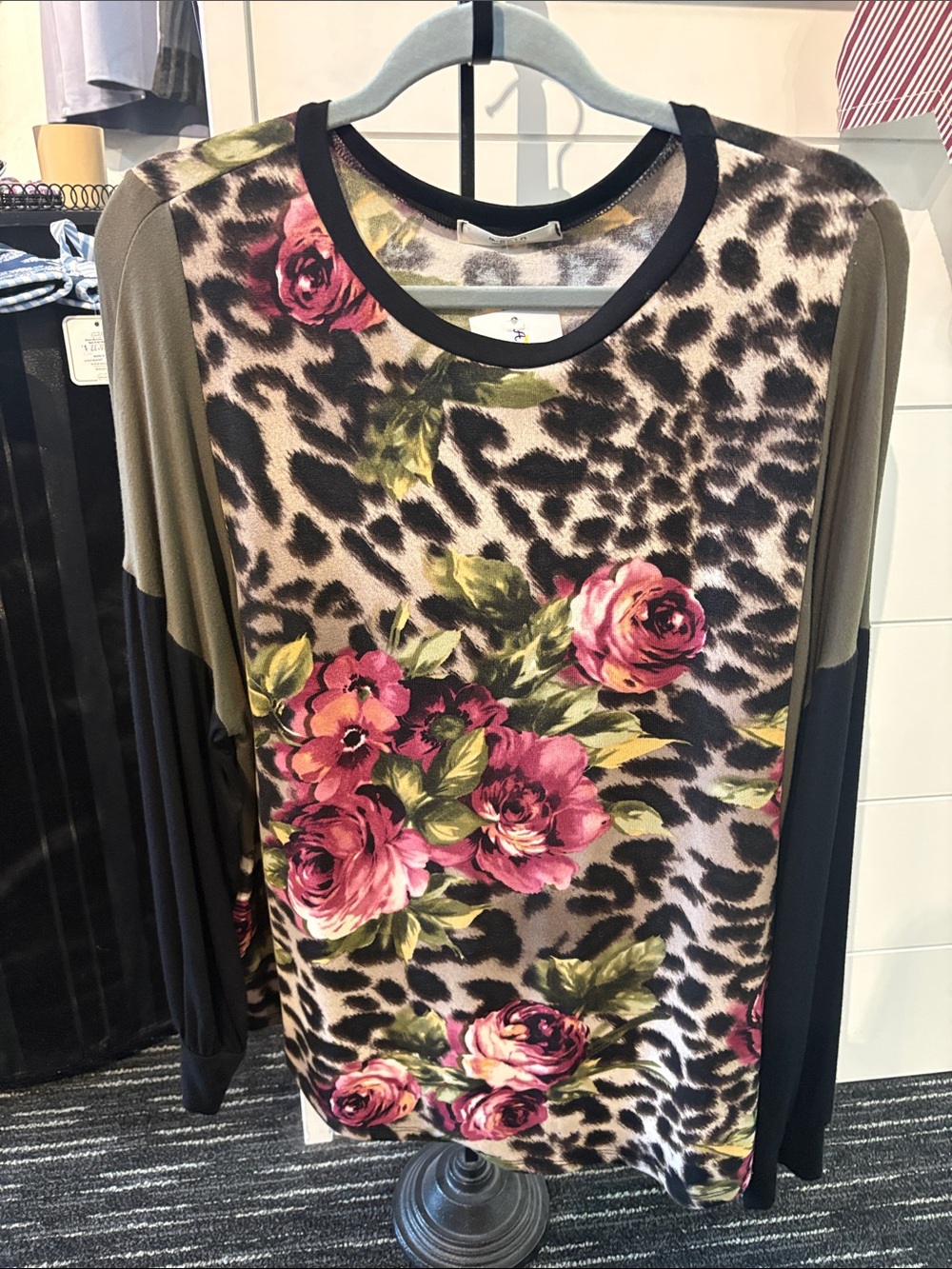 Mixed Print Long Sleeve Top - Pink Floral & Leopard
